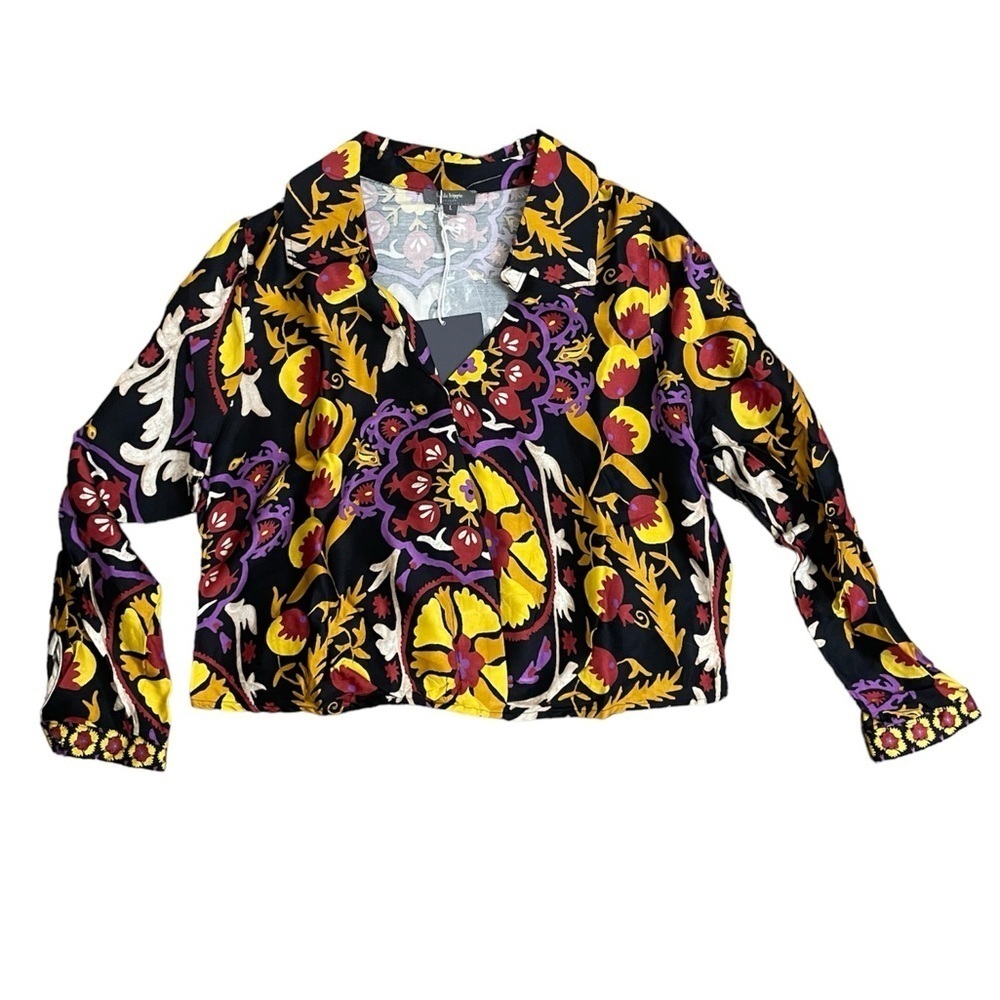 Haute Hippie Black & Yellow Boho Print Surplice Neck Cropped Blouse